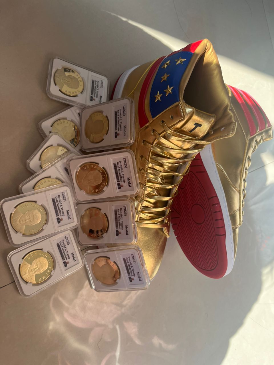 Trump High Top Sneakers + 10 x 2025 Gold Trump Coins - Golden 47 President Bundle